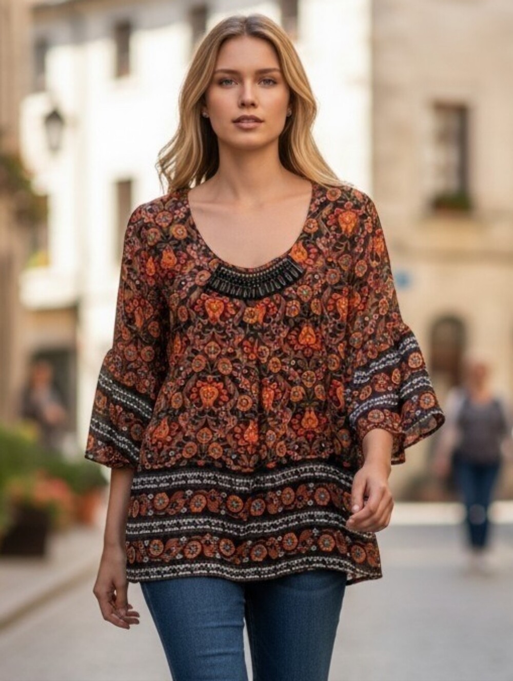 Relativity Embellished Floral Boho Blouse in Black and Orange